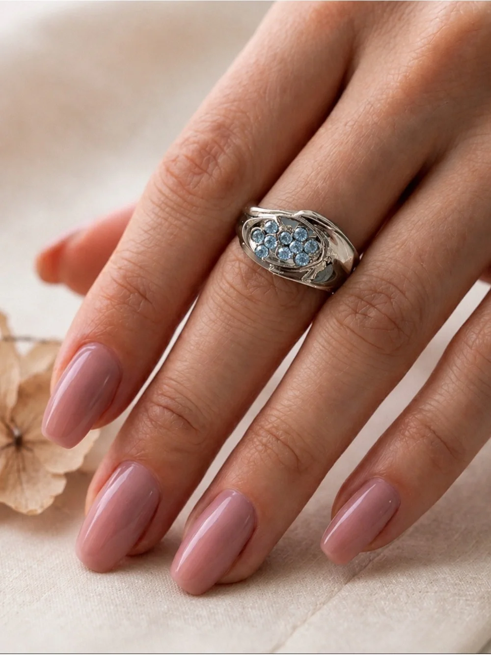 Aquamarine Blue Crystal Rhinestones Statement Ring Silver Facet Cluster Cocktail